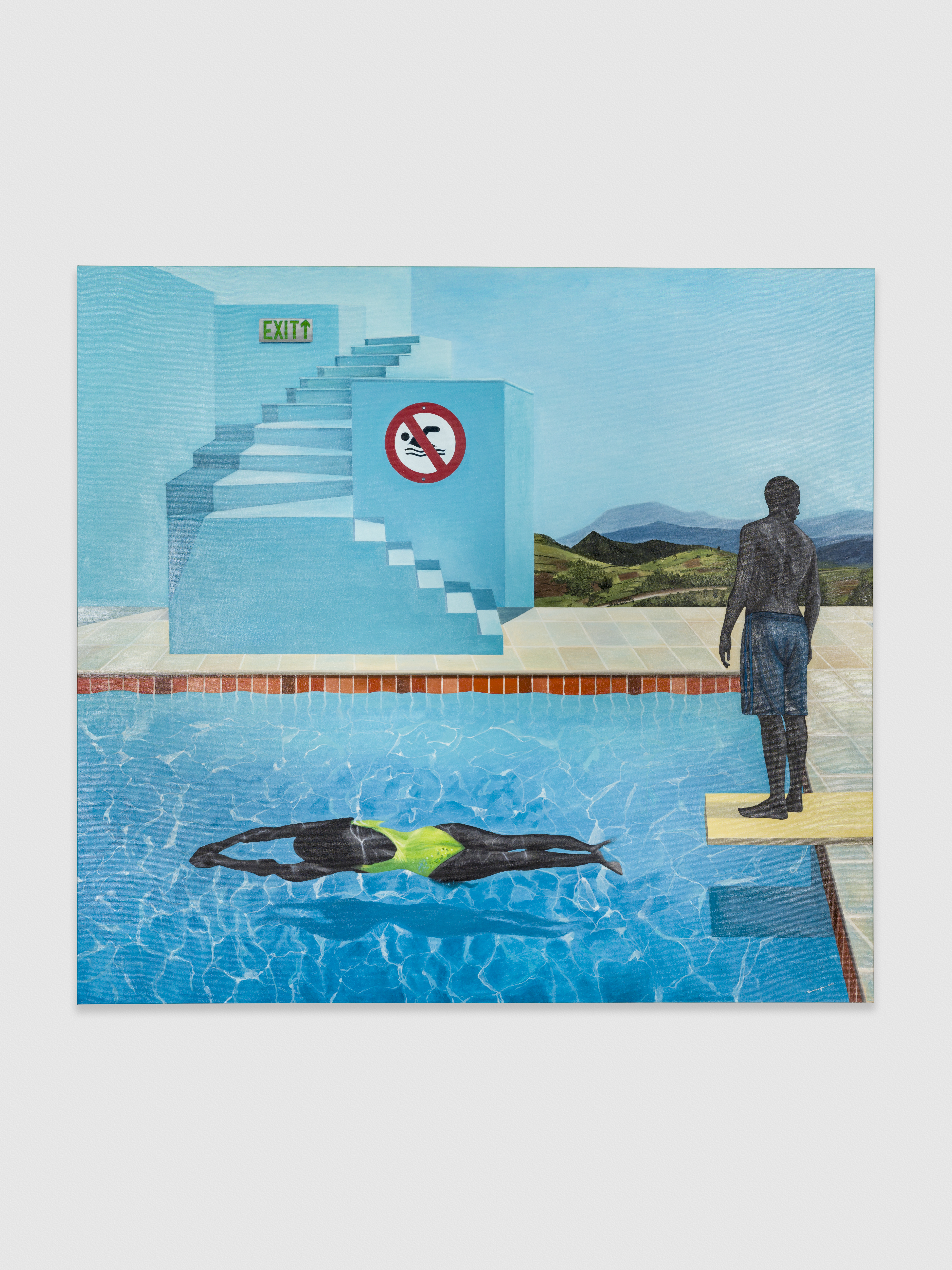Ian Mwesiga, Swimmer And Man Standing By The Pool, 2023. Courtesy Of Mariane Ibrahim. Install HR
